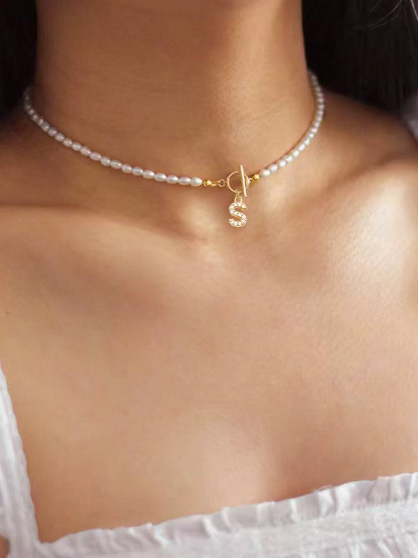 Initial S Pearl Choker Necklace