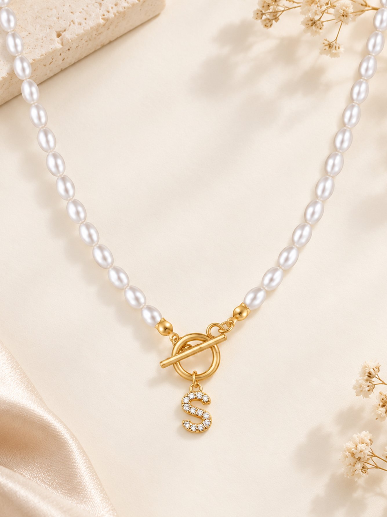 Initial S Pearl Choker Necklace