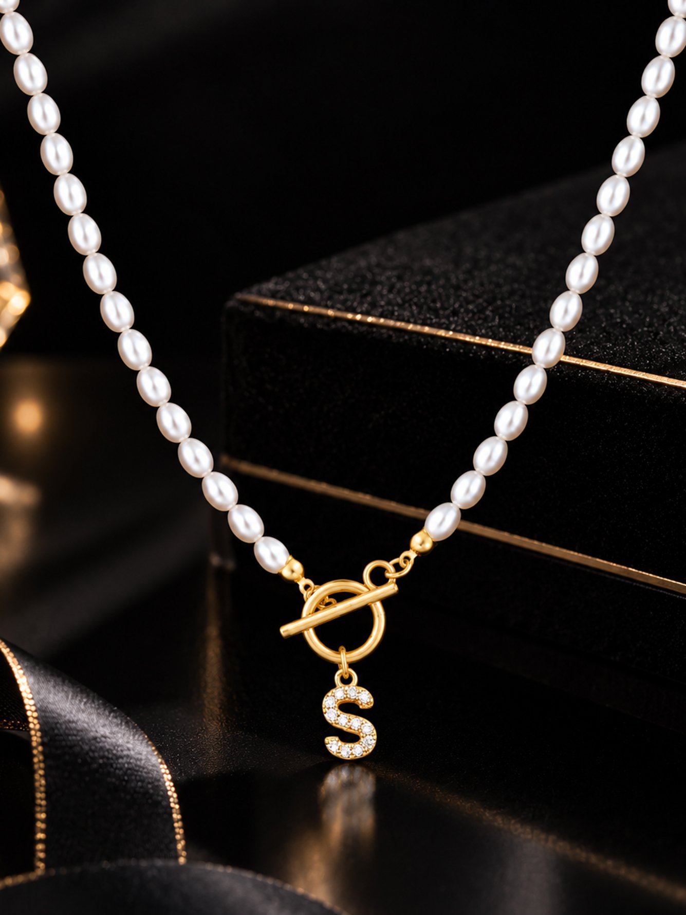 Initial S Pearl Choker Necklace