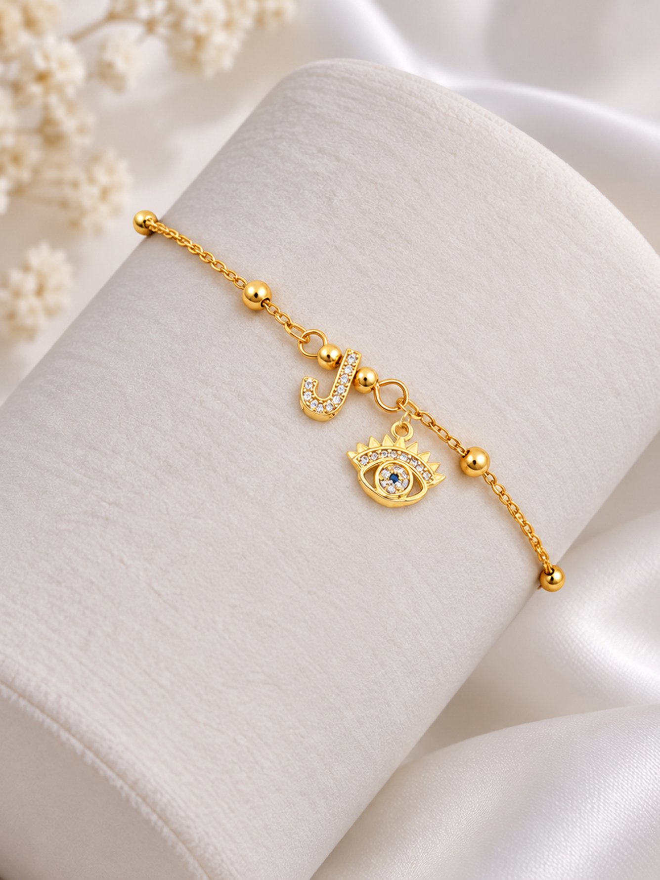 Initial J and Evil Eye Beaded Bracelet