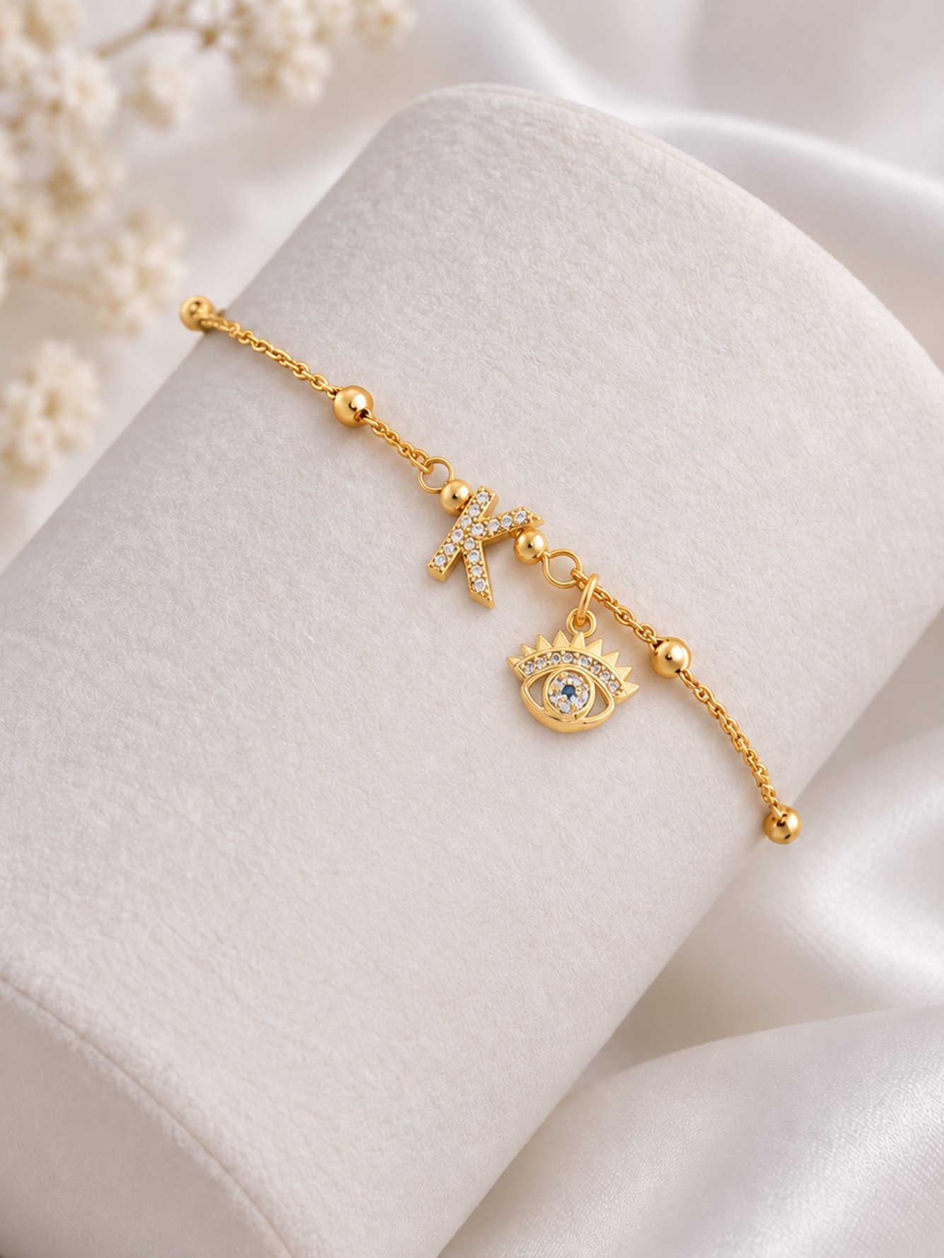 Gold Initial K and Evil Eye Charm Beaded Bracelet