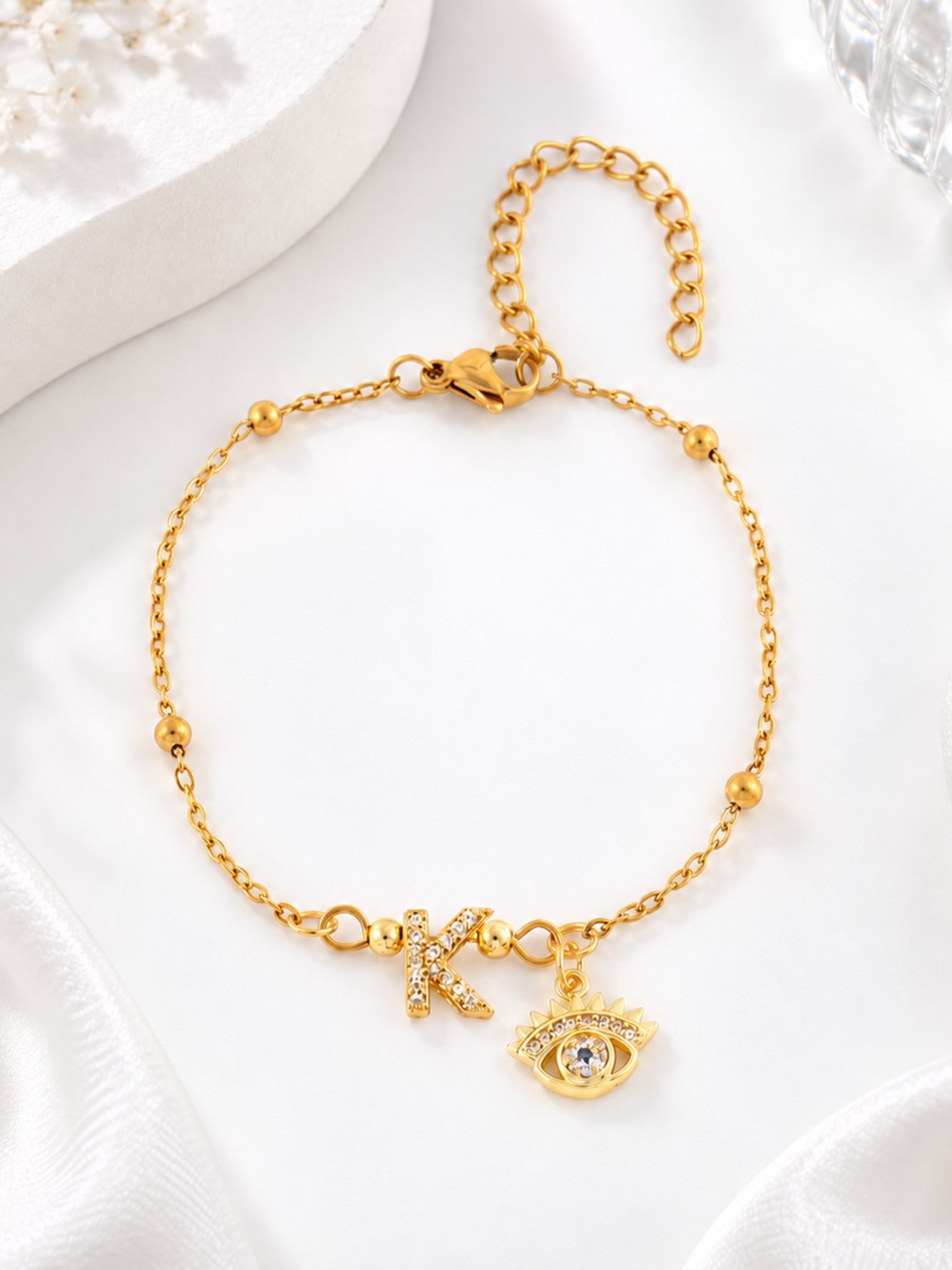 Gold Initial K and Evil Eye Charm Beaded Bracelet