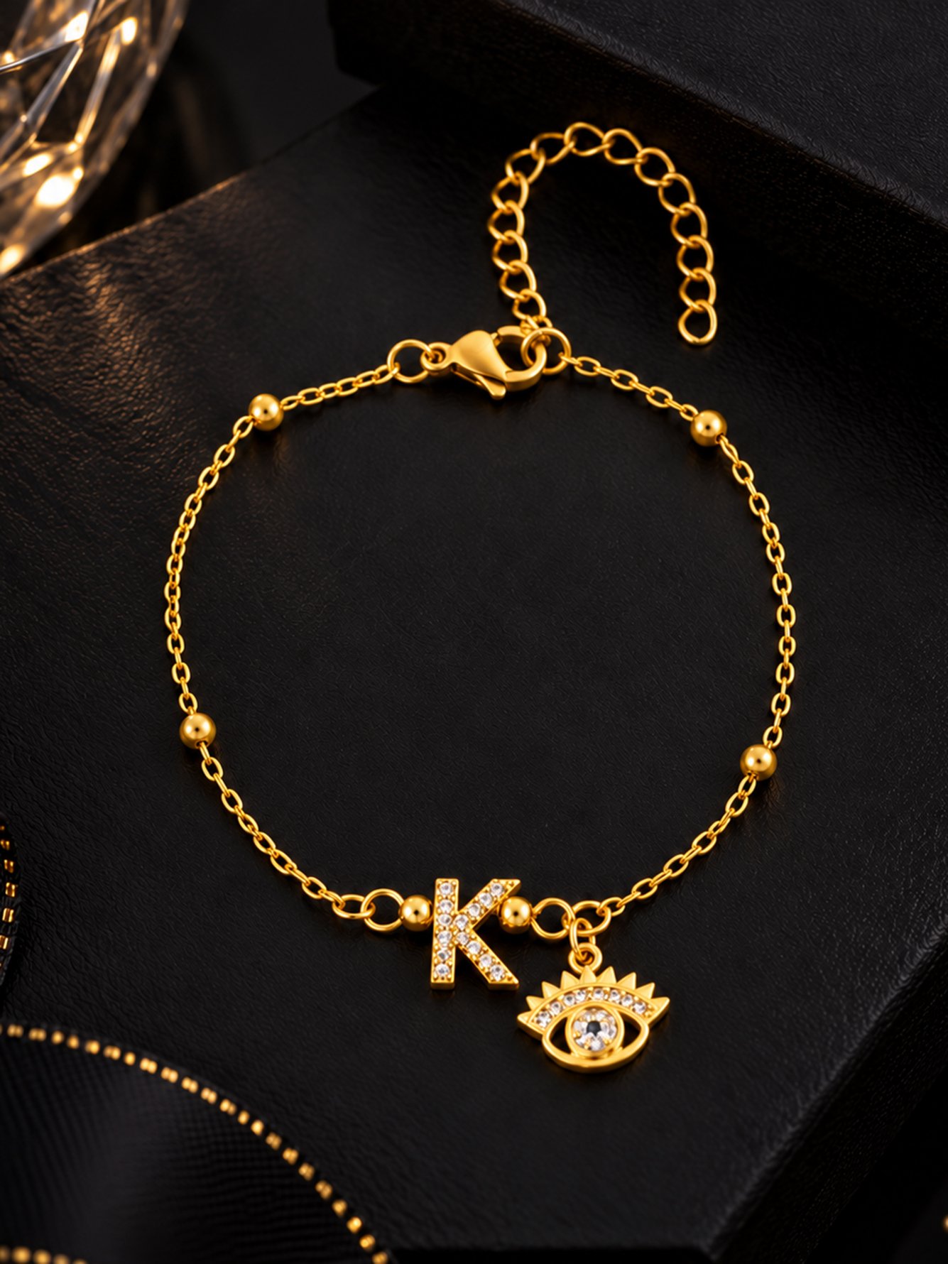 Gold Initial K and Evil Eye Charm Beaded Bracelet