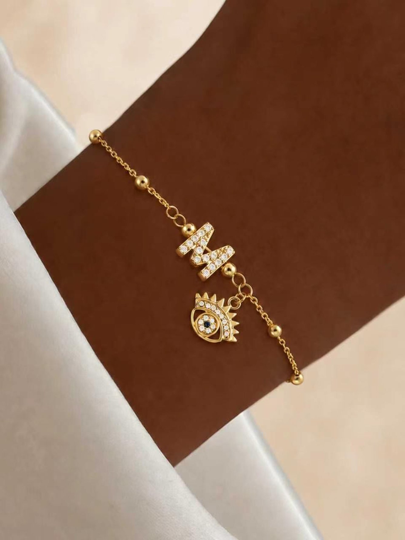 Gold Initial M and Evil Eye Charm Beaded Bracelet