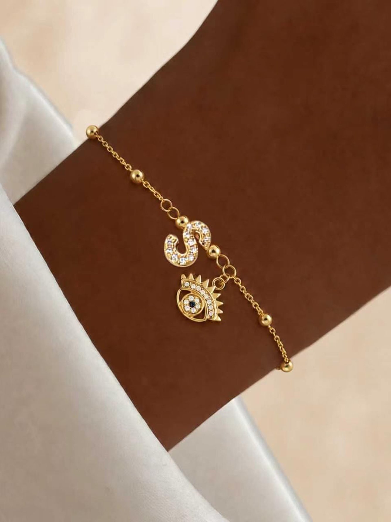 Gold Initial Evil Eye Charm Bracelet