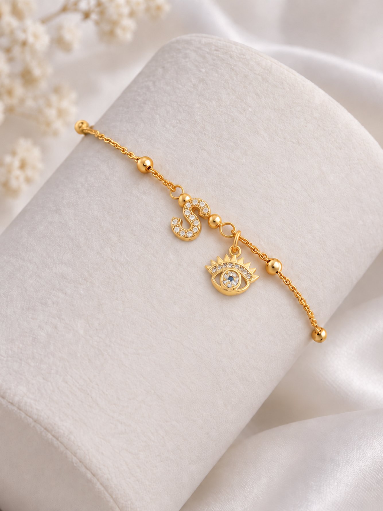 Gold Initial Evil Eye Charm Bracelet