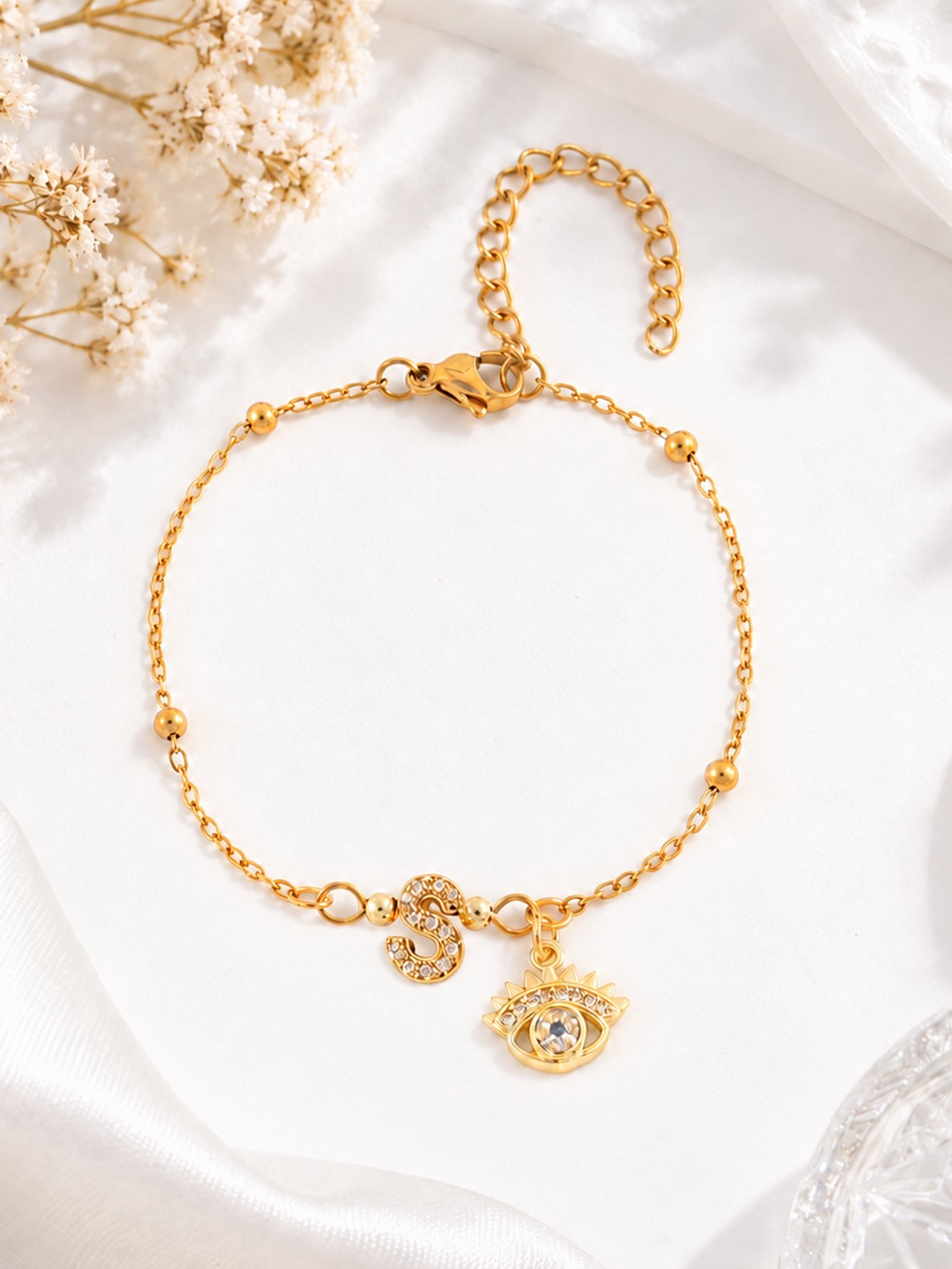 Gold Initial Evil Eye Charm Bracelet