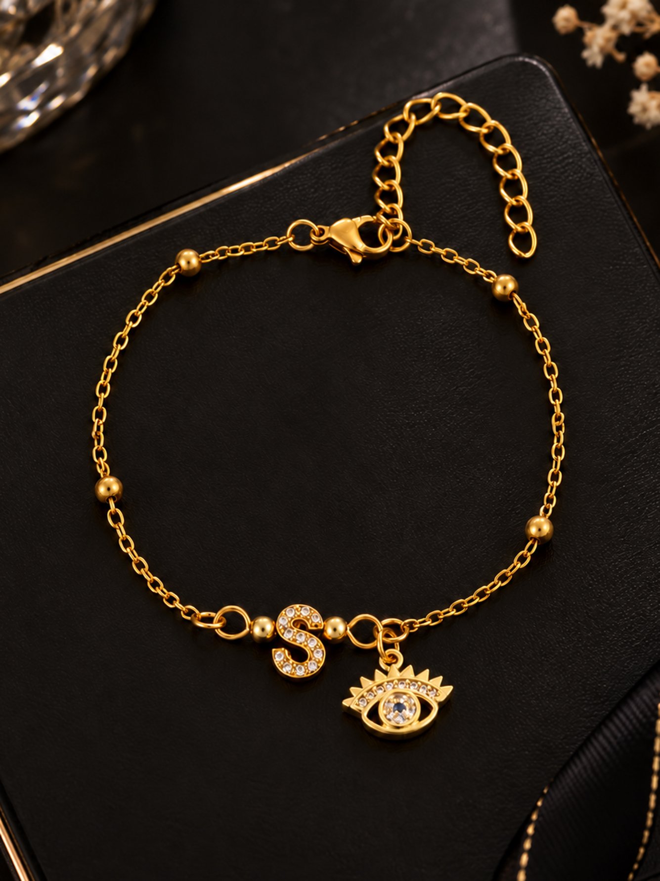 Gold Initial Evil Eye Charm Bracelet