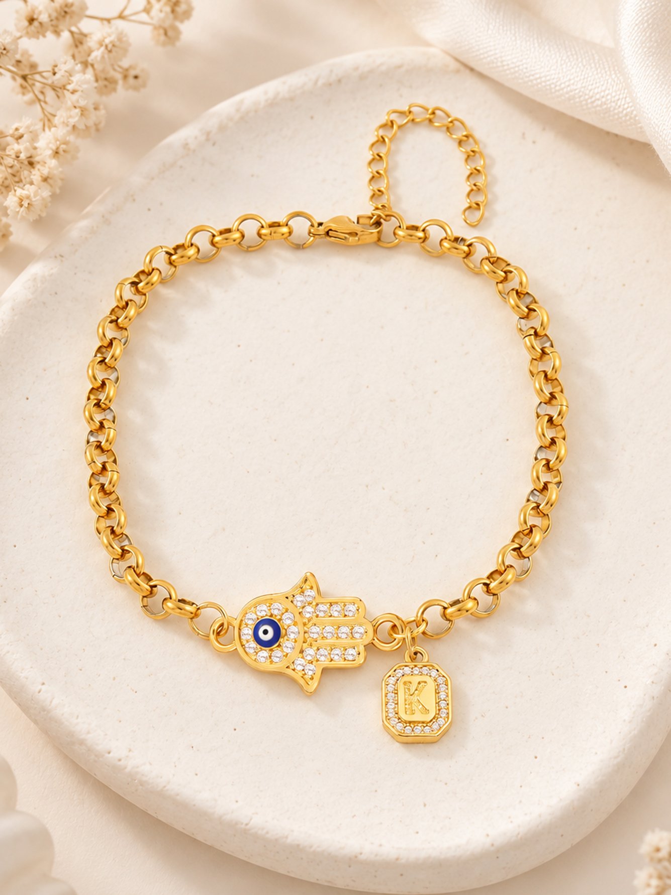 Hamsa Hand Bracelet with Initial Charm
