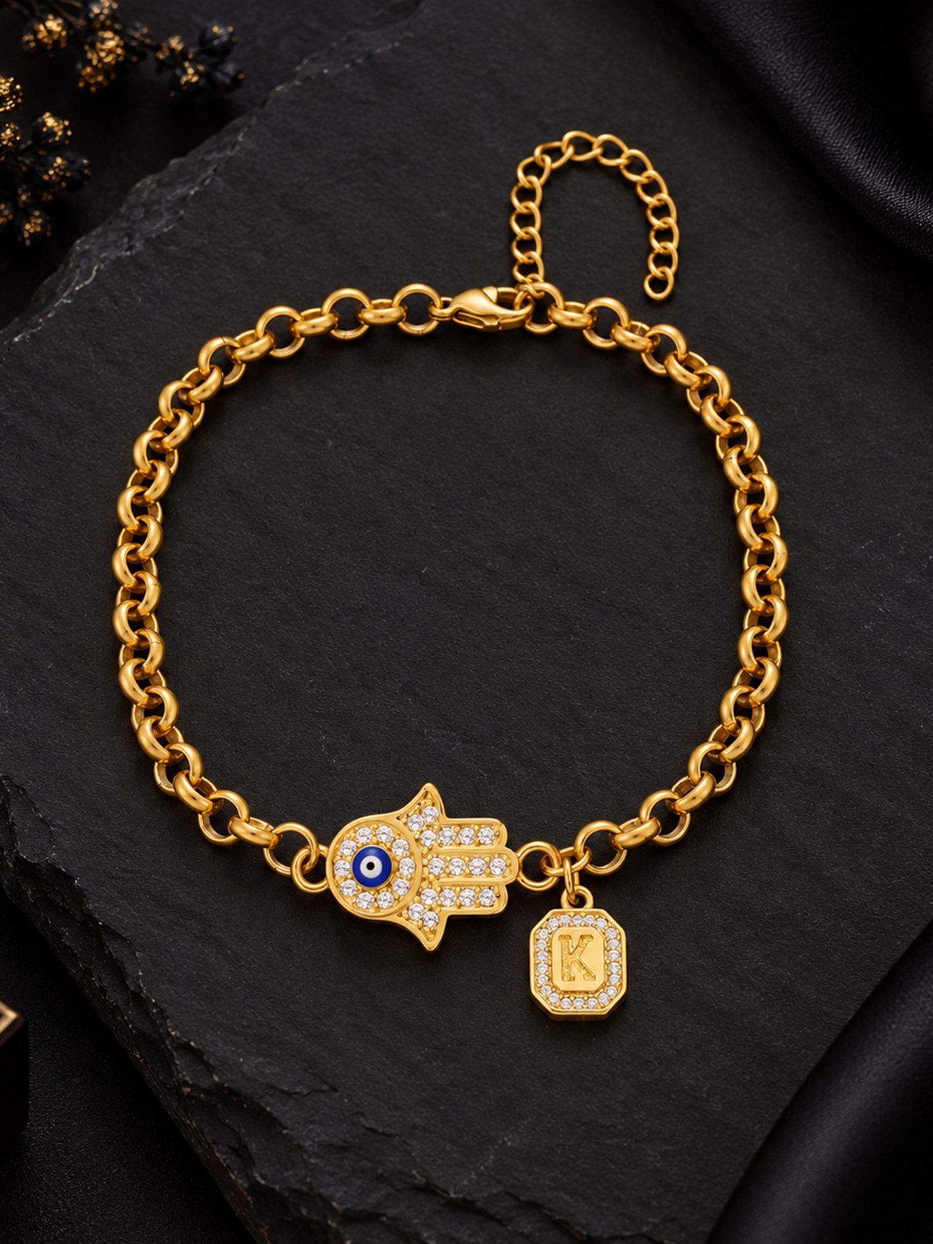 Hamsa Hand Bracelet with Initial Charm