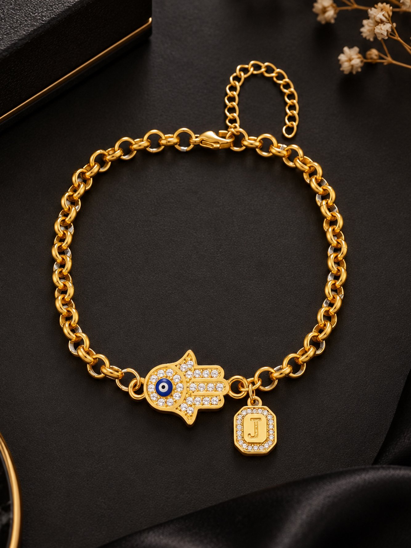 Hamsa Hand Bracelet with Initial Charm