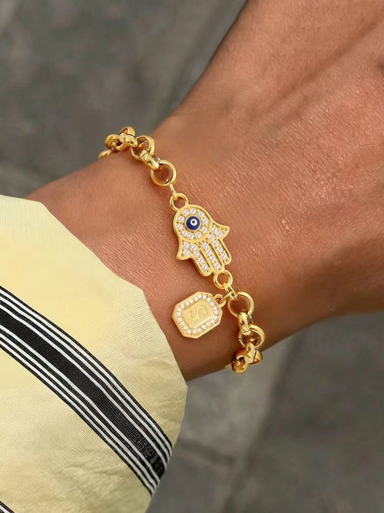 Gold Plated Hamsa Hand and Initial S Charm Bracelet