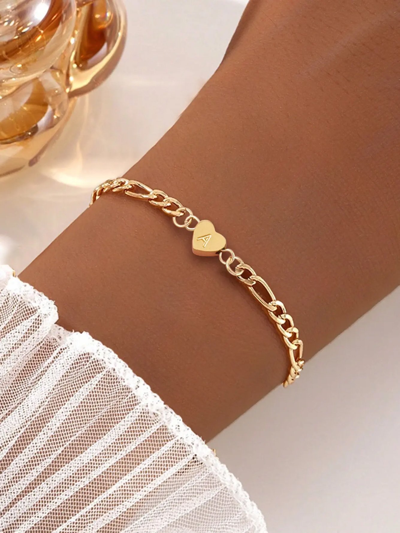Gold Initial Heart Charm Bracelet