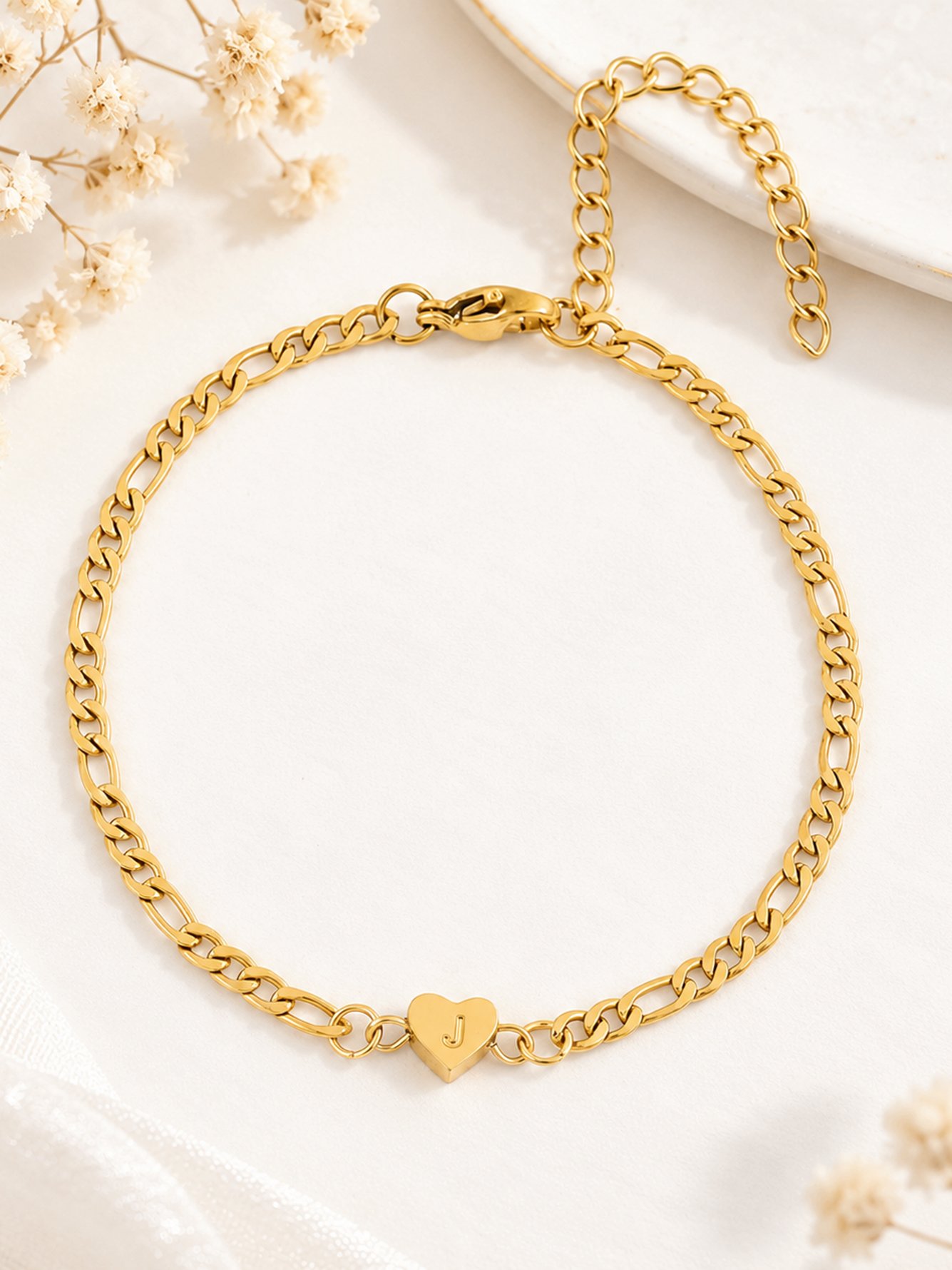 Gold Initial Heart Charm Bracelet