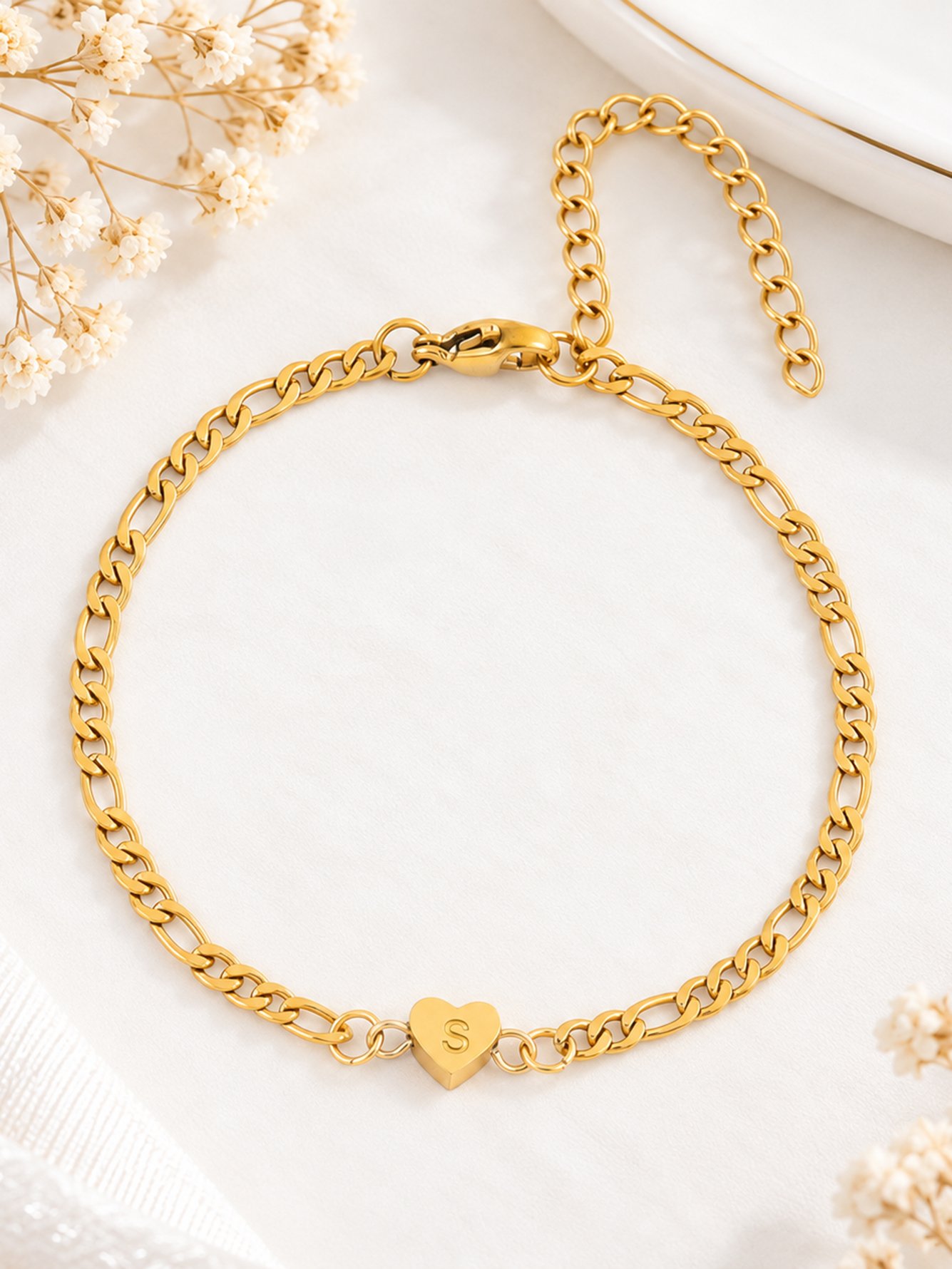 Gold Initial Heart Charm Bracelet