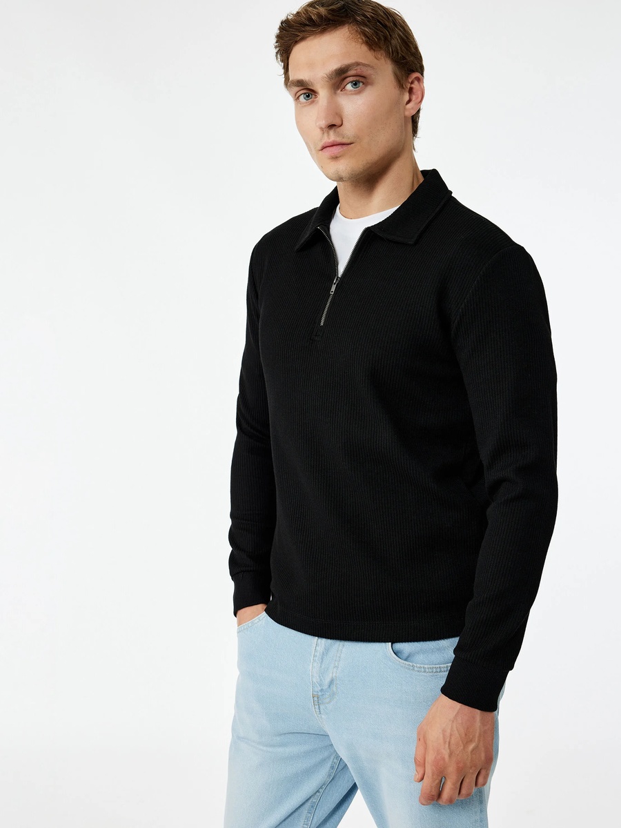 Mens Black Ribbed Zip-Up Polo Sweatshirt