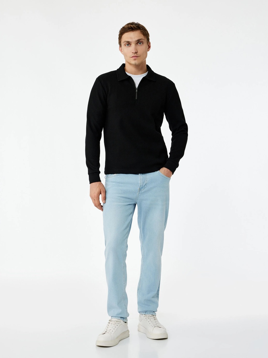 Mens Black Ribbed Zip-Up Polo Sweatshirt