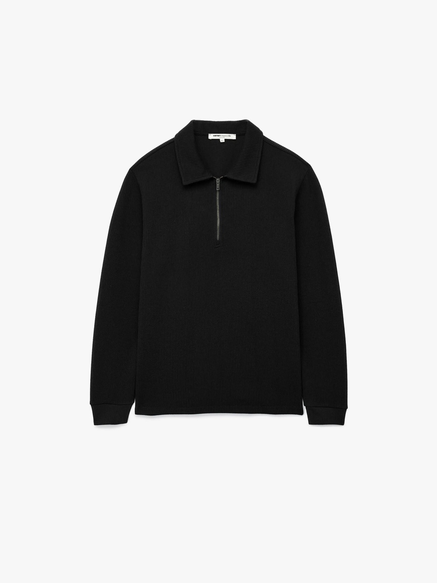 Mens Black Ribbed Zip-Up Polo Sweatshirt