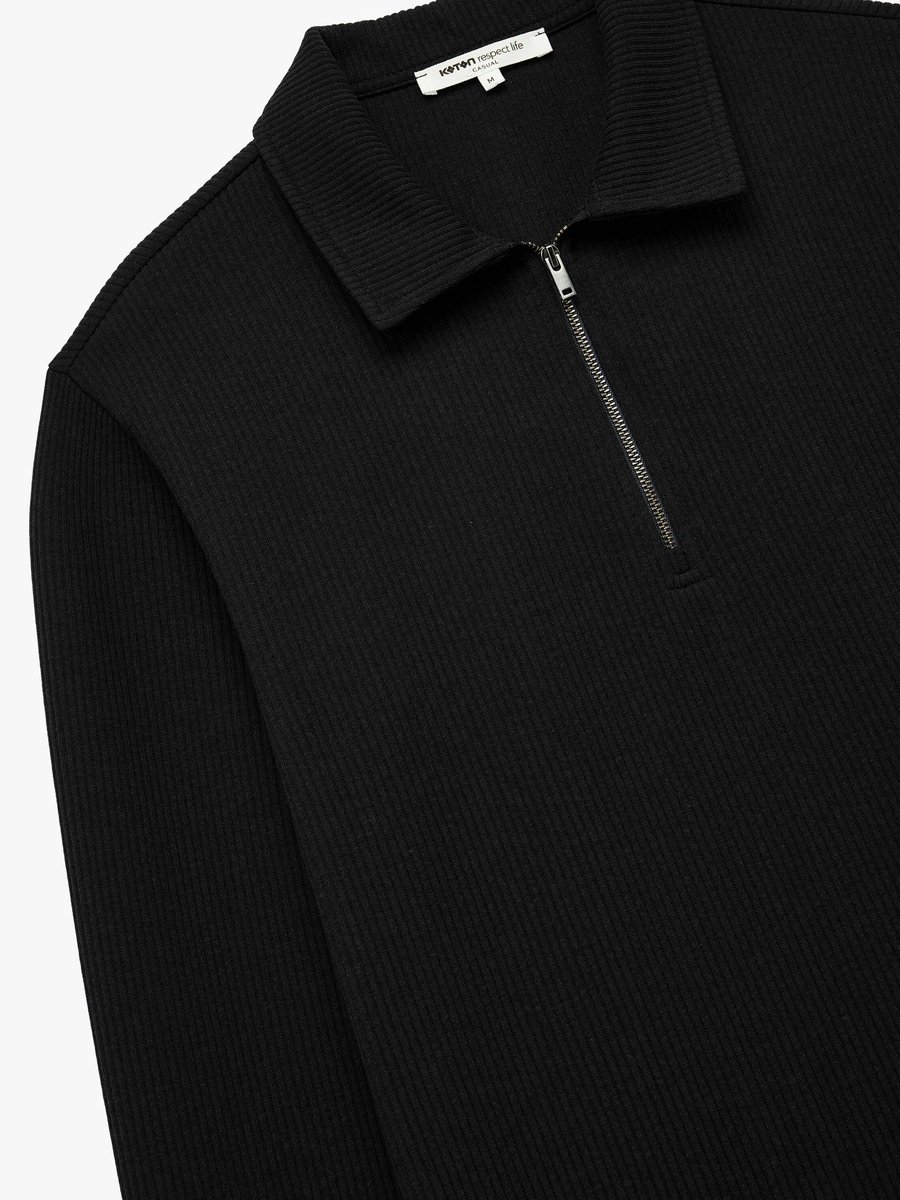 Mens Black Ribbed Zip-Up Polo Sweatshirt