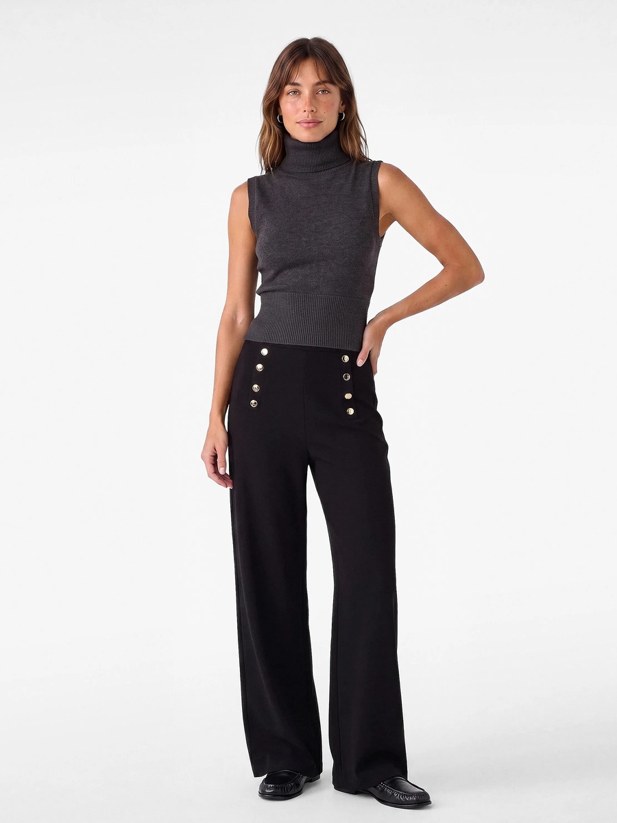 Womens Black Wide-Leg Trousers with Gold Buttons