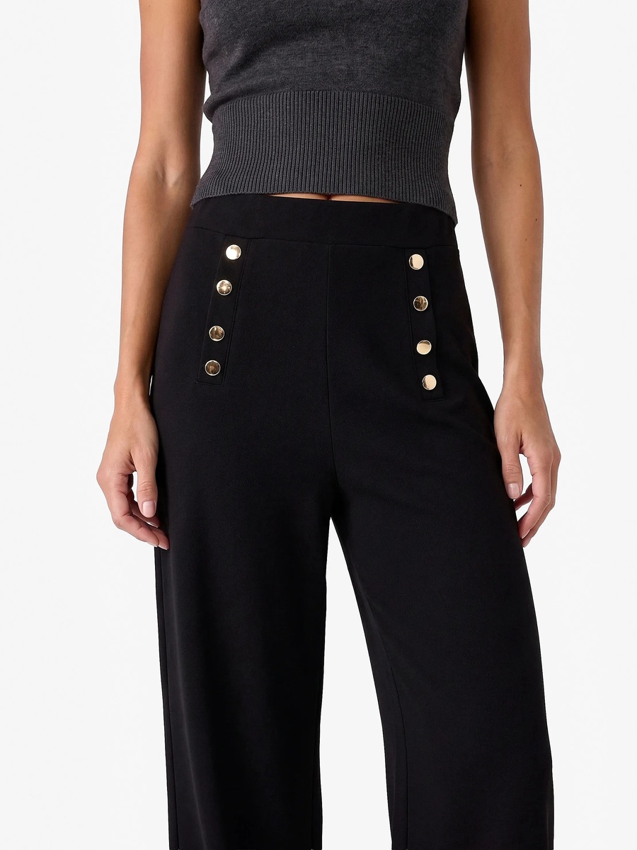 Womens Black Wide-Leg Trousers with Gold Buttons