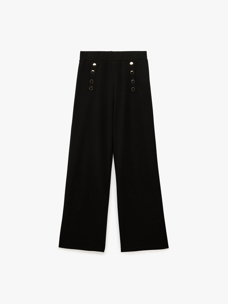 Womens Black Wide-Leg Trousers with Gold Buttons