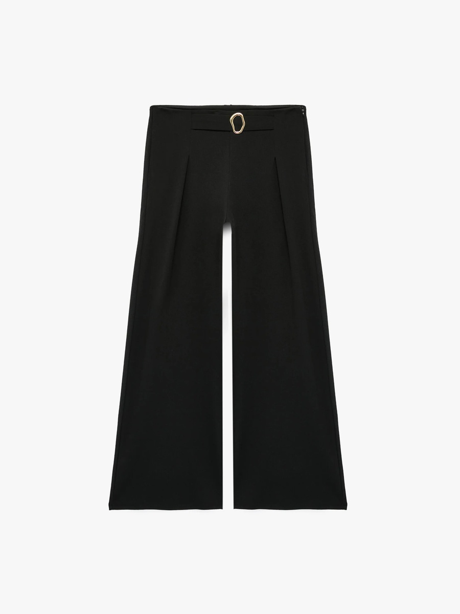 Black Wide-Leg Trousers with Belt Accent