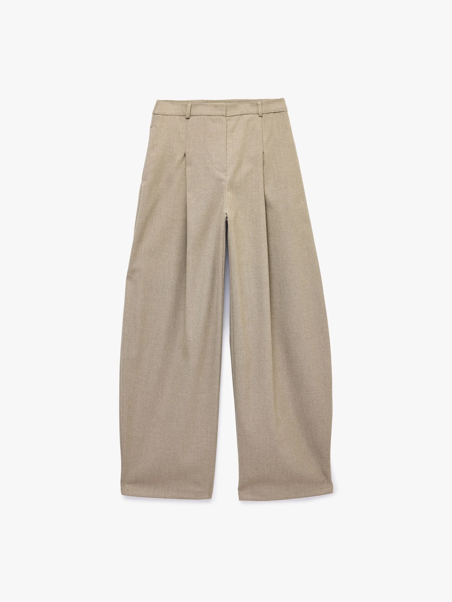Beige Pleated Wide-Leg Trousers