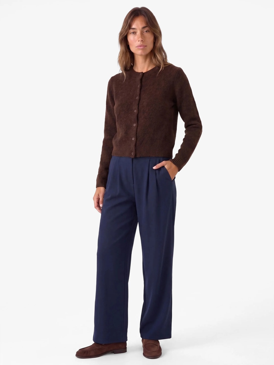 Womens Navy Blue Pleated Wide-Leg Trousers