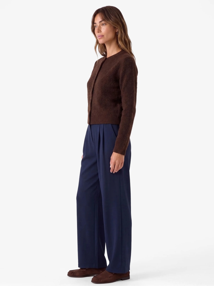 Womens Navy Blue Pleated Wide-Leg Trousers