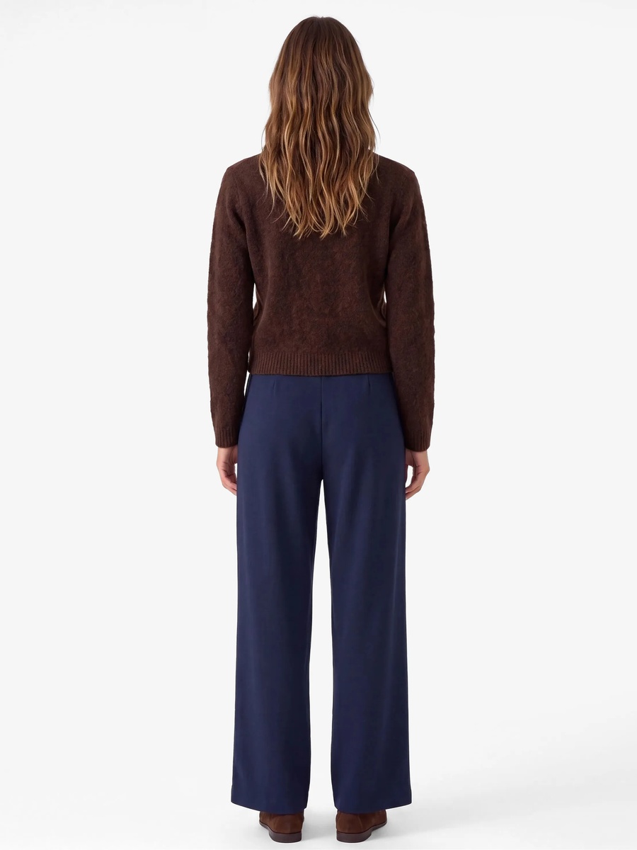 Womens Navy Blue Pleated Wide-Leg Trousers