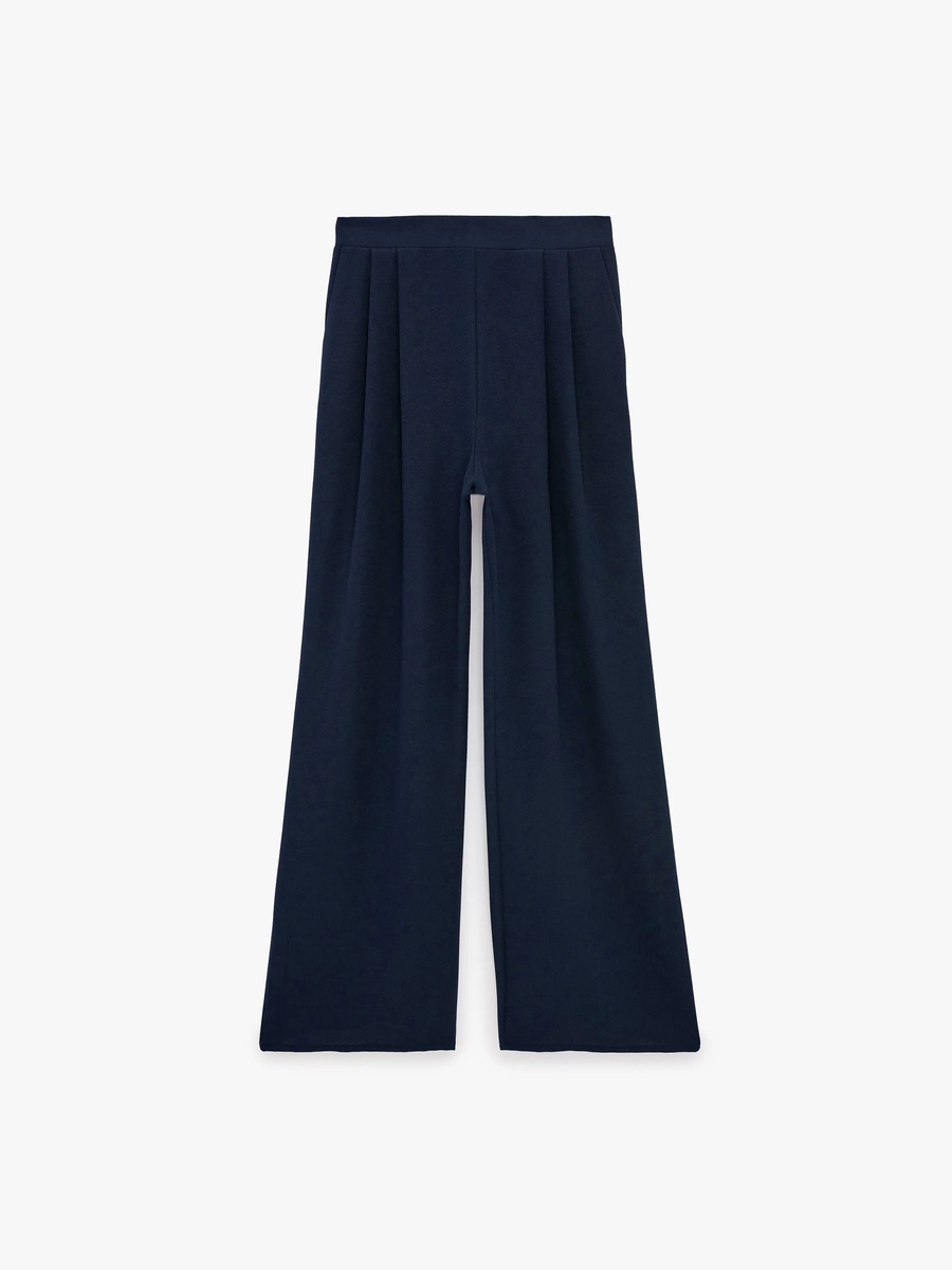 Womens Navy Blue Pleated Wide-Leg Trousers