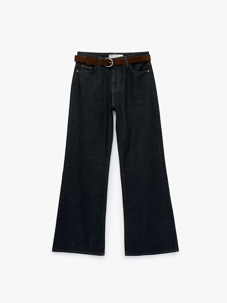 Womens Dark Blue Wide-Leg Denim Trousers