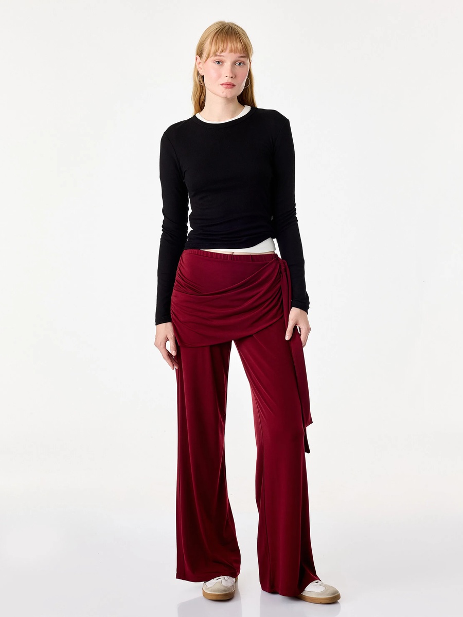 Burgundy Wide-Leg Trousers with Wrap Detail