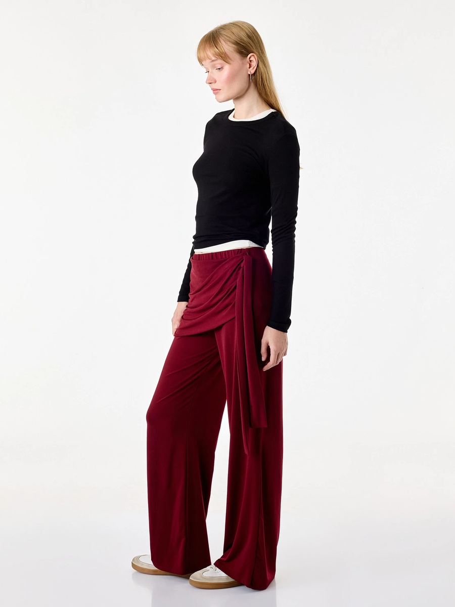Burgundy Wide-Leg Trousers with Wrap Detail