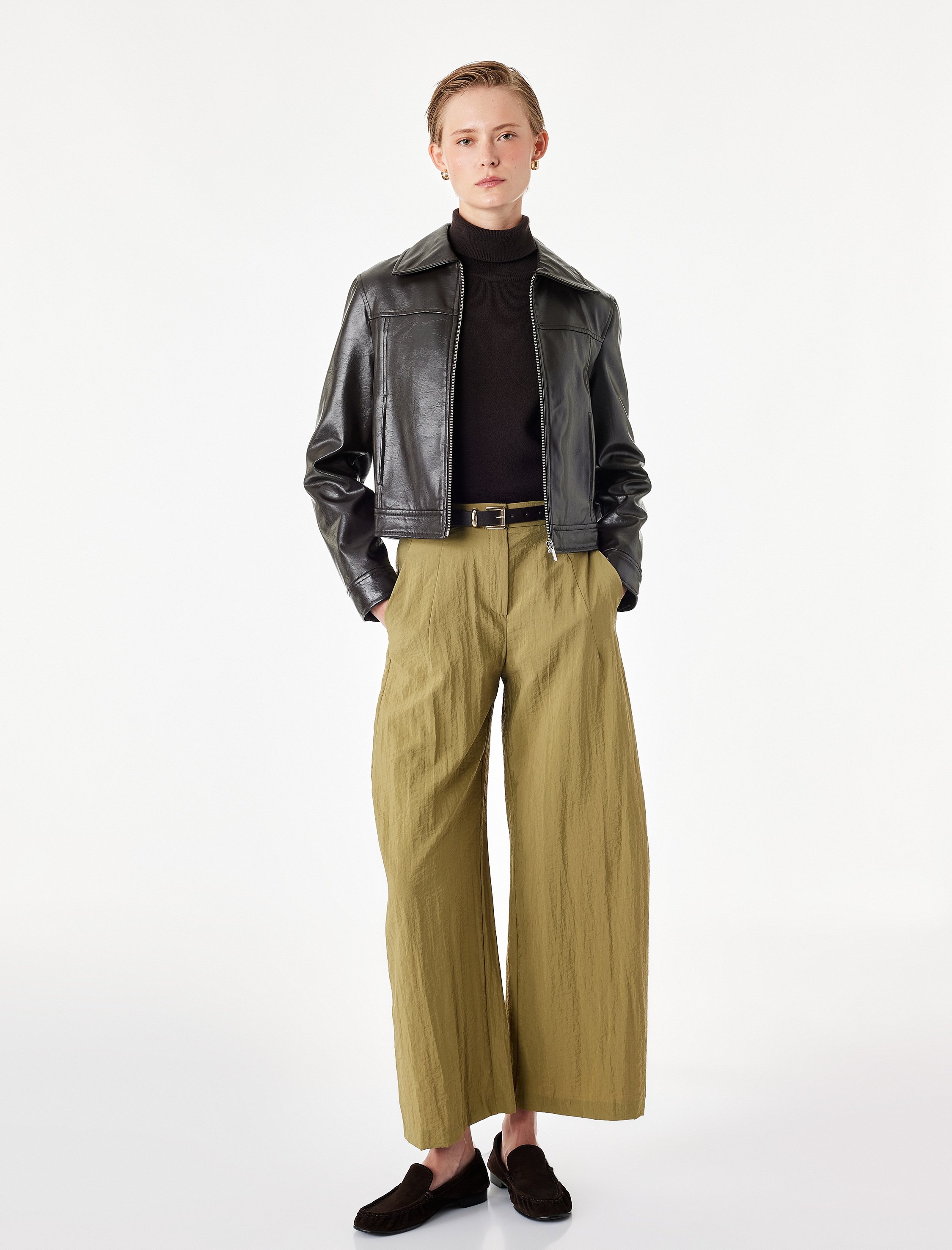 Khaki Wide-Leg Trousers with Belt