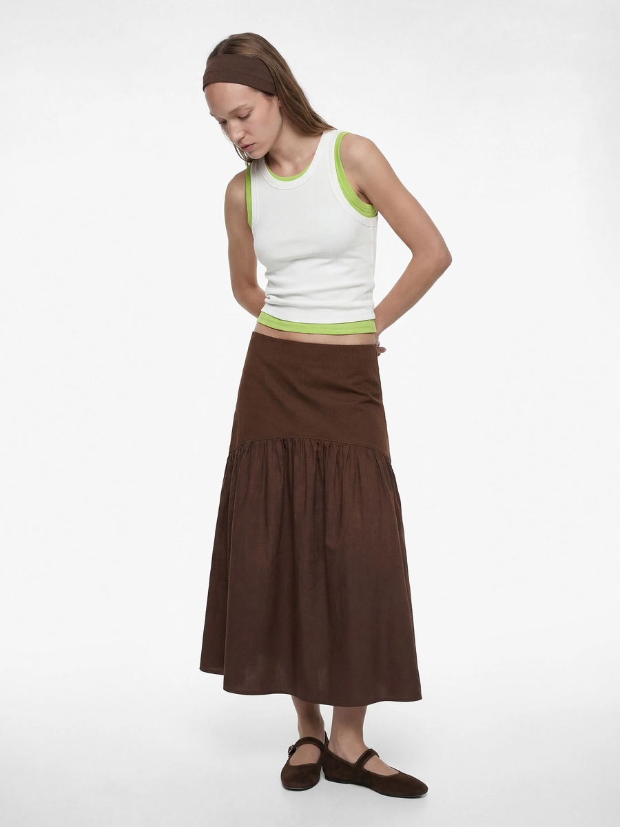 Elegant Brown A-Line Midi Skirt with Gathered Hem