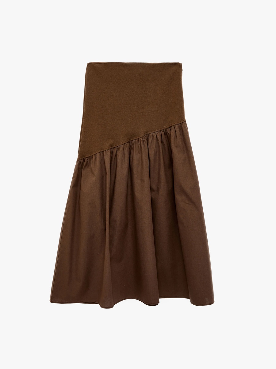 Elegant Brown A-Line Midi Skirt with Gathered Hem