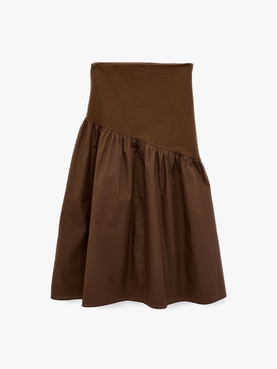 Elegant Brown A-Line Midi Skirt with Gathered Hem
