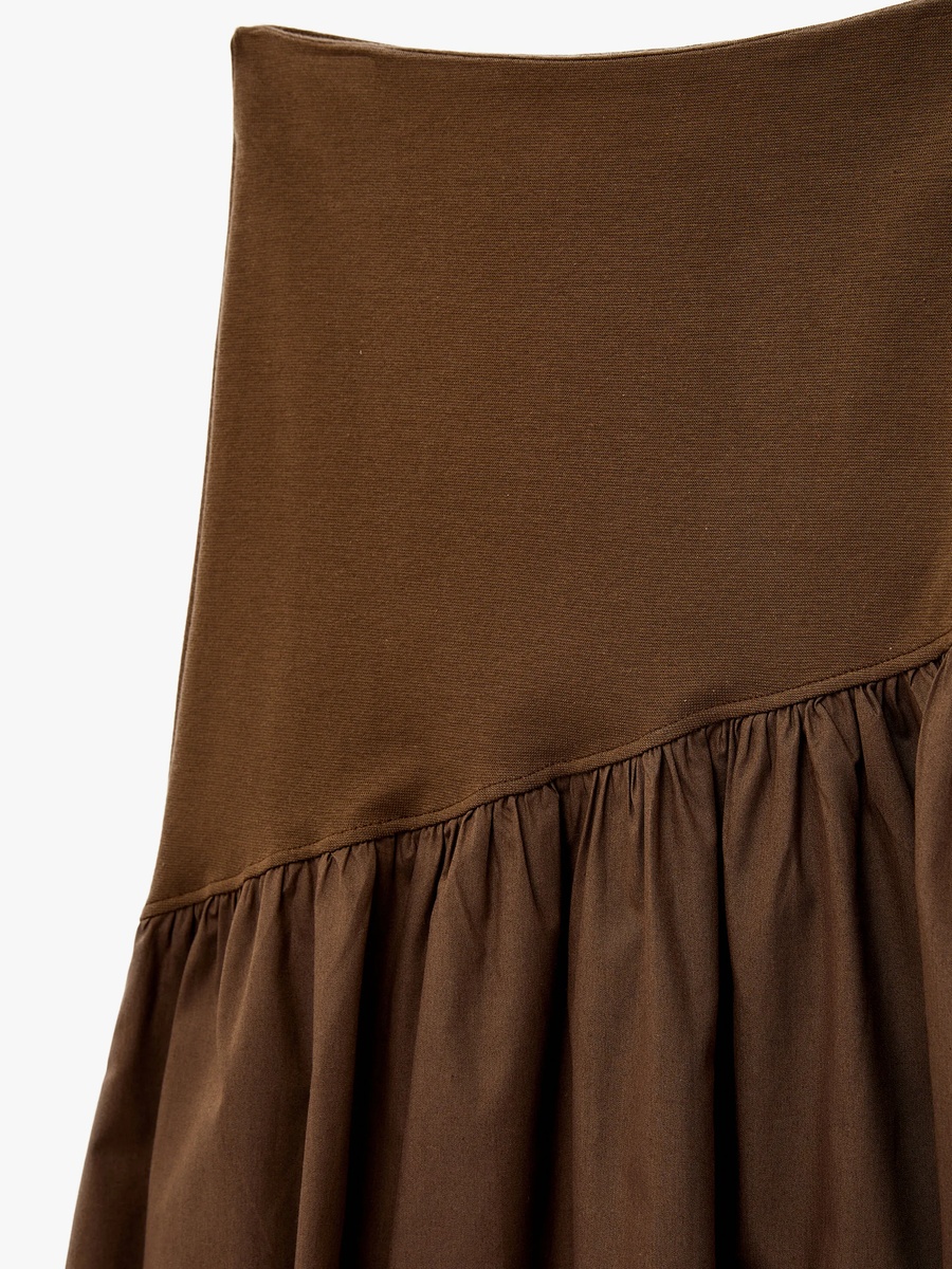 Elegant Brown A-Line Midi Skirt with Gathered Hem