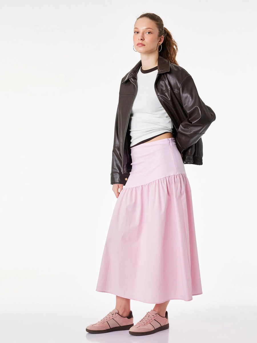 Pink A-Line Gathered Midi Skirt