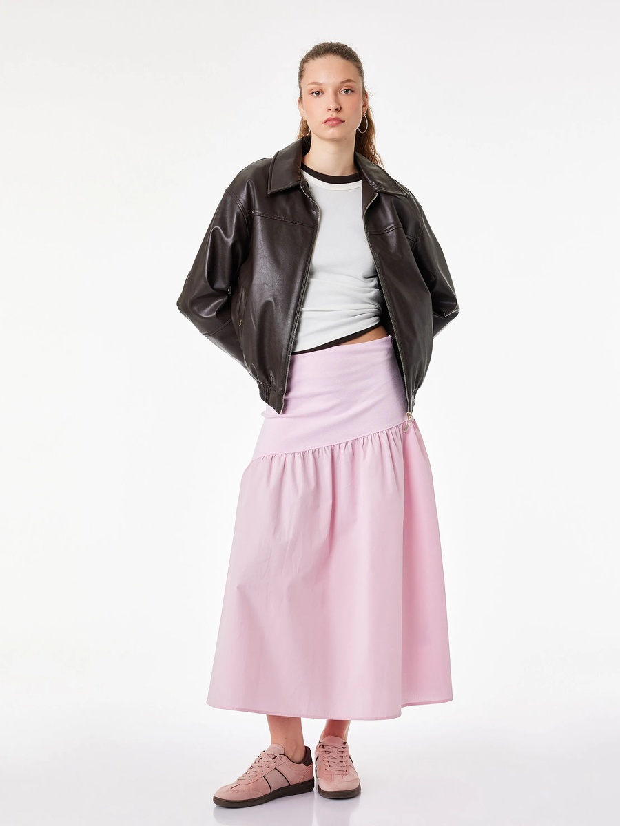Pink A-Line Gathered Midi Skirt