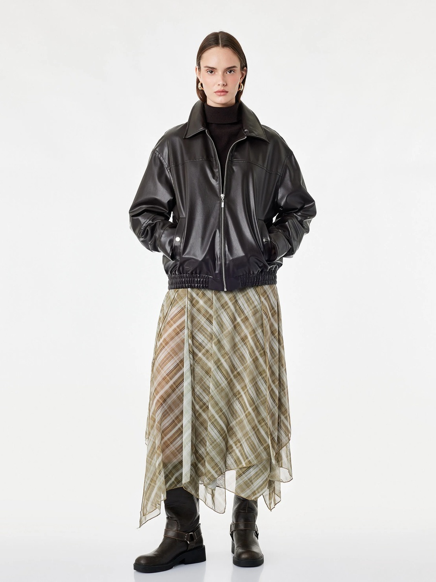 Khaki A-Line Midi Skirt with Plaid Tulle Overlay