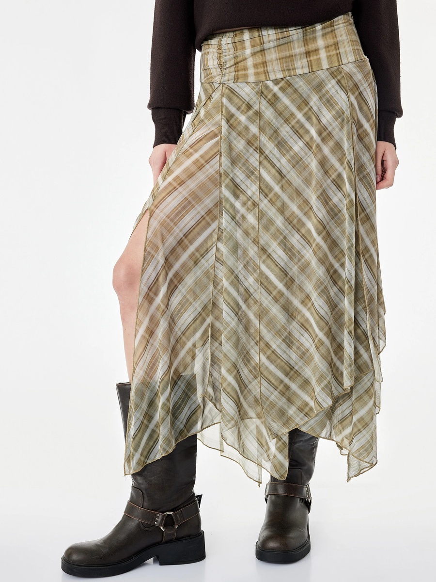 Khaki A-Line Midi Skirt with Plaid Tulle Overlay