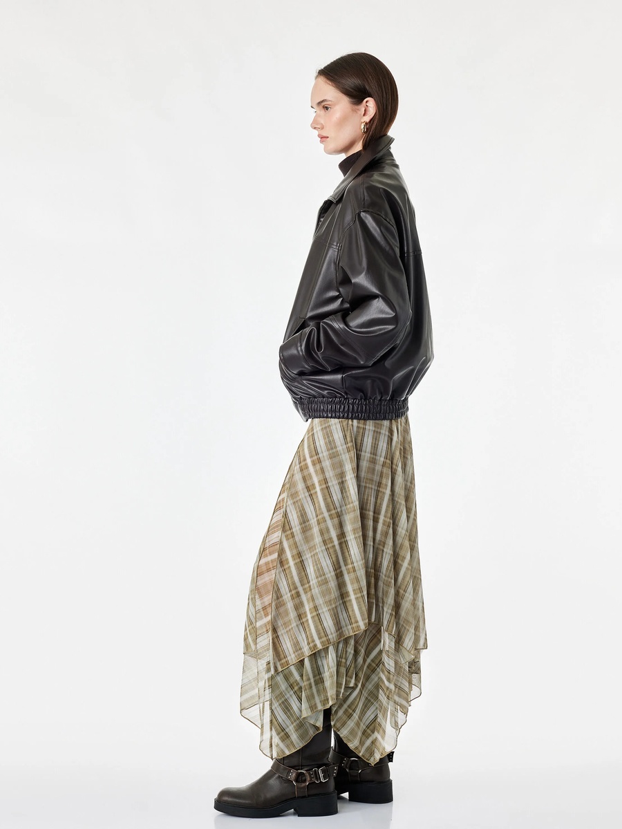 Khaki A-Line Midi Skirt with Plaid Tulle Overlay
