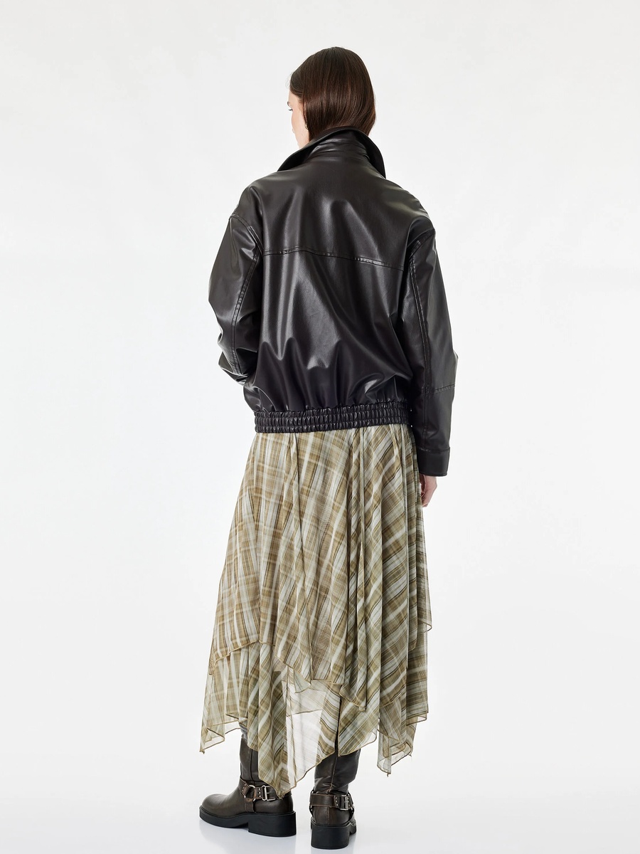 Khaki A-Line Midi Skirt with Plaid Tulle Overlay