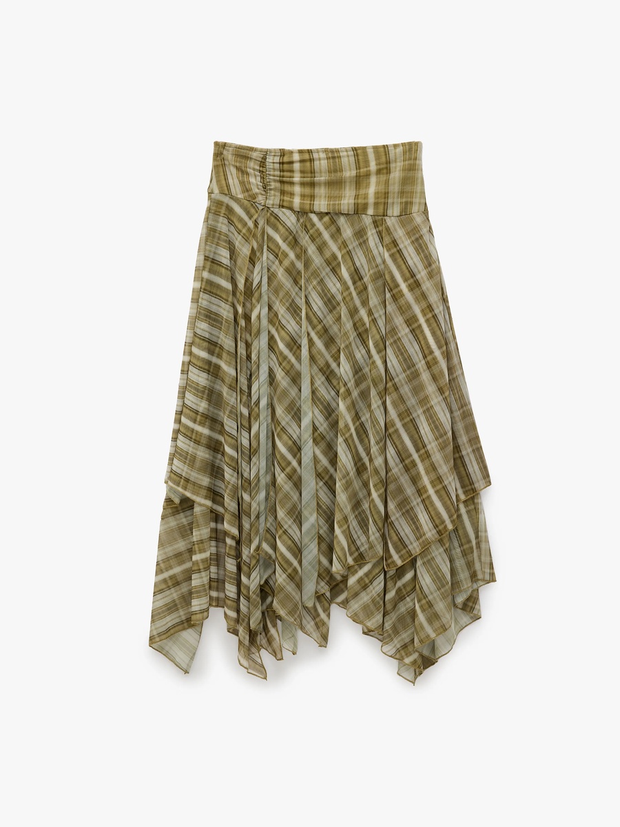 Khaki A-Line Midi Skirt with Plaid Tulle Overlay