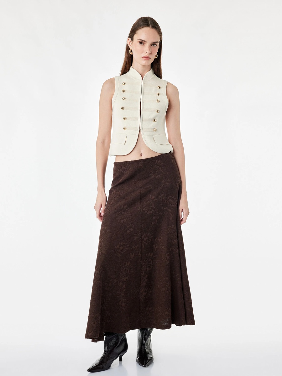 Brown A-Line Floral Jacquard Midi Skirt