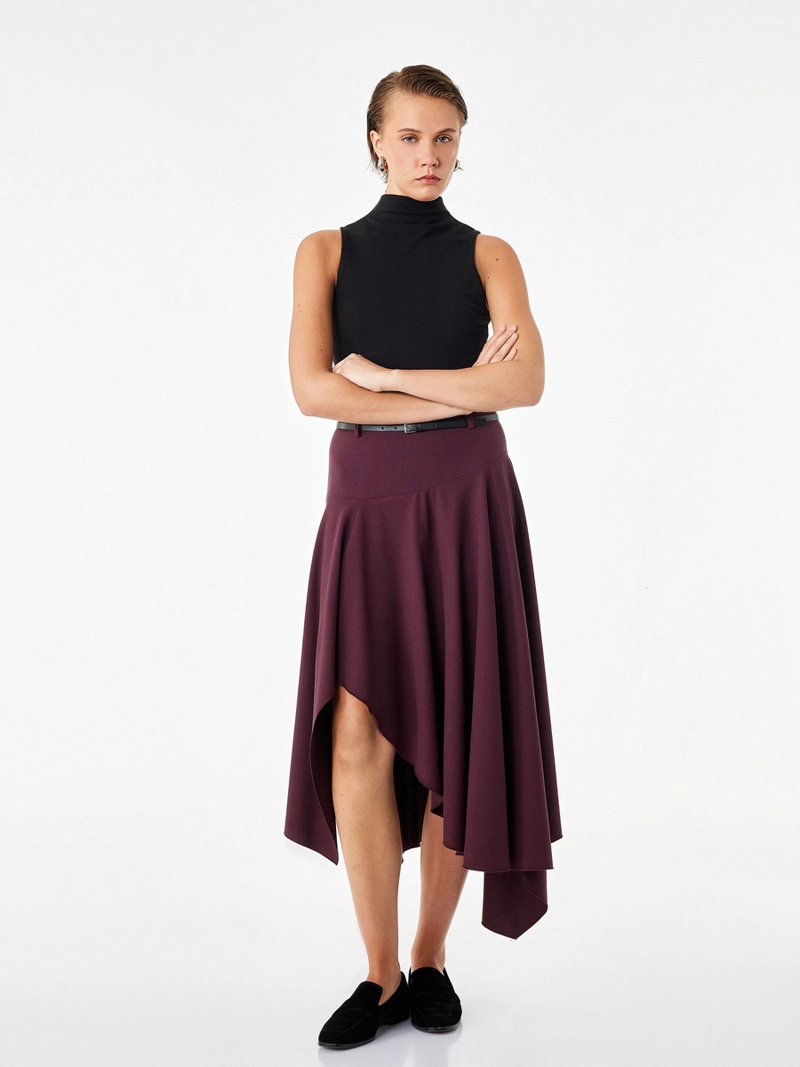 Burgundy A-Line Asymmetric Midi Skirt