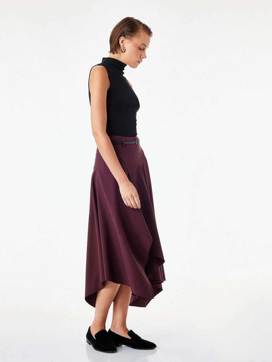 Burgundy A-Line Asymmetric Midi Skirt